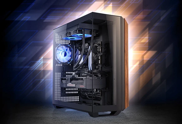 Maurice Weber Feldherr: RX 9070 XT, Ryzen 7 9700X, 32 GB DDR5, 2 TB SSD, WQHD/4K gaming PC in an elegant glass/wood design.