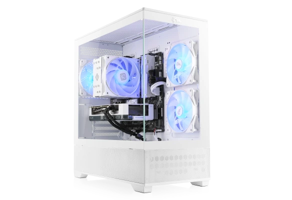 White gaming PC with RTX 5060 Ti, Ryzen 5, 32 GB DDR5 - for fast gaming performance in every genre.